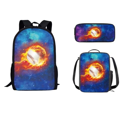 STUOARTE Kinder-Rucksack-Set mit Lunch-Tasche, Federmäppchen, leichte Schultasche für Kinder, Teenager, Jungen, 43,2 cm, Galaxy Fire Fußball, Blau und Orange, Einheitsgröße, Rucksack, Rucksäcke von STUOARTE