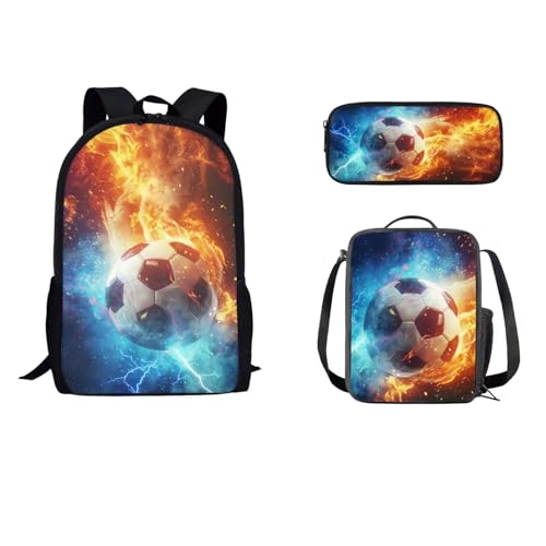 STUOARTE Kinder-Rucksack-Set mit Lunch-Tasche, Federmäppchen, leichte Schultasche für Kinder, Teenager, Jungen, 43,2 cm, Lightning Fire Fußball, Orange und Blau, Einheitsgröße, Reiserucksäcke von STUOARTE