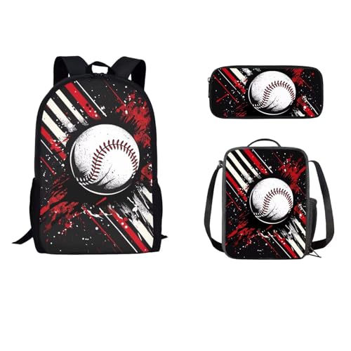 STUOARTE Kinder-Rucksack-Set mit Lunch-Tasche, Federmäppchen, leichte Schultasche für Kinder, Teenager, Jungen, 43,2 cm, Splash Ink Baseball – Schwarz und Weiß, Einheitsgröße, Rucksack Backpacks von STUOARTE