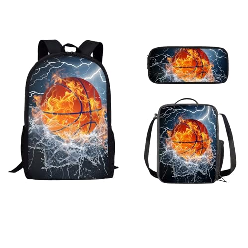 STUOARTE Kinder-Rucksack-Set mit Lunch-Tasche, Federmäppchen, leichte Schultasche für Kinder, Teenager, Jungen, 43,2 cm, Water Fire Lightning Basketball – Blau und Orange, Einheitsgröße, Tagesrucksack von STUOARTE