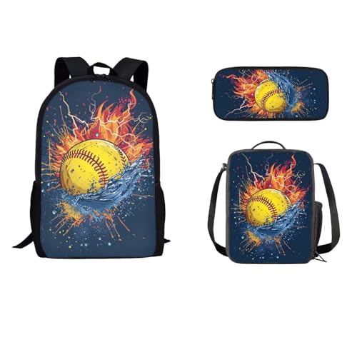 STUOARTE Kinder-Rucksack-Set mit Lunch-Tasche, Federmäppchen, leichte Schultasche für Kinder, Teenager, Jungen, 43,2 cm, Water Fire Softball, Blau und Orange, Einheitsgröße, Rucksack, Rucksäcke von STUOARTE