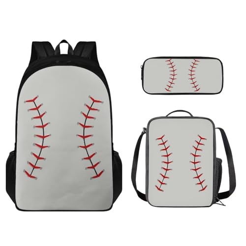 STUOARTE Kinder-Rucksack-Set mit Lunchbox und Bleistiftbox, Schüler-Büchertasche für Grundschule oder Kindergarten, Baseball – Weiß und Rot, Einheitsgröße, Kinderrucksack von STUOARTE