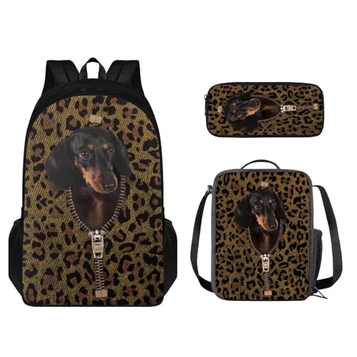 STUOARTE Kinder-Rucksack-Set mit Lunchbox und Bleistiftbox, Schüler-Büchertasche für Grundschule oder Kindergarten, Dackel-Leopard, Braun, Einheitsgröße, Schulranzen-Set von STUOARTE