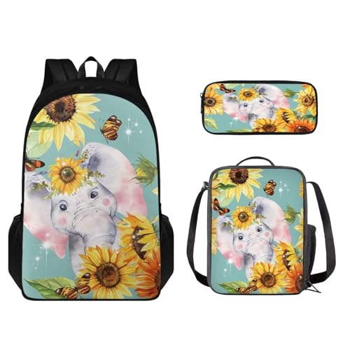 STUOARTE Kinder-Rucksack-Set mit Lunchbox und Bleistiftbox, Schüler-Büchertasche für Grundschule oder Kindergarten, Elefant, Sonnenblume, Schmetterling, mehrfarbig, Einheitsgröße, Kinderrucksack von STUOARTE