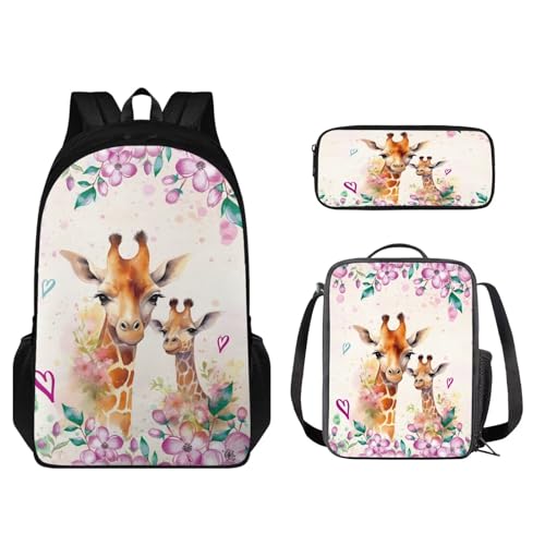 STUOARTE Kinder-Rucksack-Set mit Lunchbox und Bleistiftbox, Schüler-Büchertasche für Grundschule oder Kindergarten, Giraffenblume, Orange und Rosa, Einheitsgröße, Kinderrucksack von STUOARTE