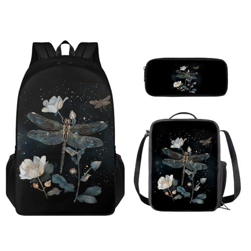 STUOARTE Kinder-Rucksack-Set mit Lunchbox und Bleistiftbox, Schüler-Büchertasche für Grundschule oder Kindergarten, Libellen-Blume, Schwarz, Einheitsgröße, Schulranzen-Set von STUOARTE