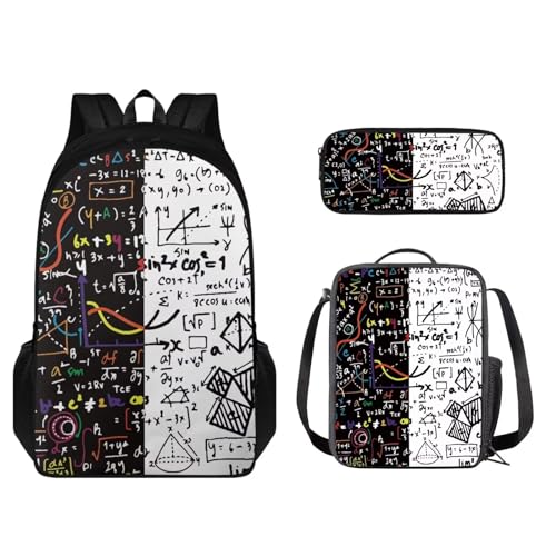 STUOARTE Kinder-Rucksack-Set mit Lunchbox und Bleistiftbox, Schüler-Büchertasche für Grundschule oder Kindergarten, Mathematik - Schwarz und Weiß, Einheitsgröße, Kinderrucksack von STUOARTE