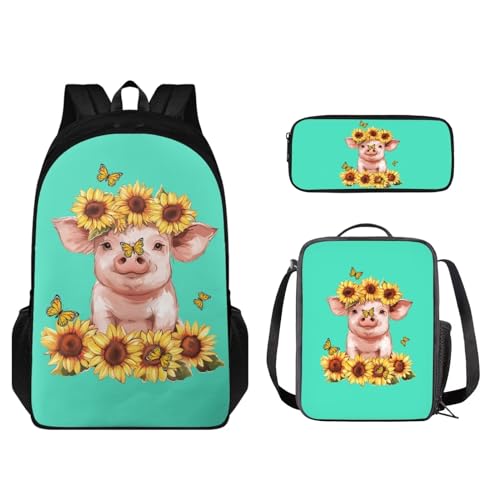 STUOARTE Kinder-Rucksack-Set mit Lunchbox und Bleistiftbox, Schüler-Büchertasche für Grundschule oder Kindergarten, Schwein, Sonnenblume, Schmetterling, Grün und Gelb, Einheitsgröße, Schulranzen-Set von STUOARTE