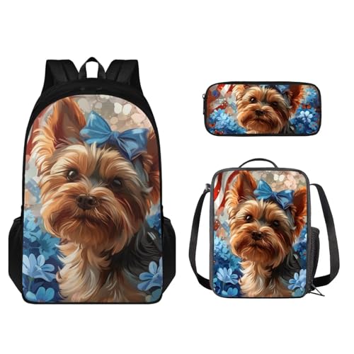 STUOARTE Kinder-Rucksack-Set mit Lunchbox und Bleistiftbox, Schüler-Büchertasche für Grundschule oder Kindergarten, Yorkshire Terrier Blume, Braun und Blau, Einheitsgröße, Schulranzen-Set von STUOARTE