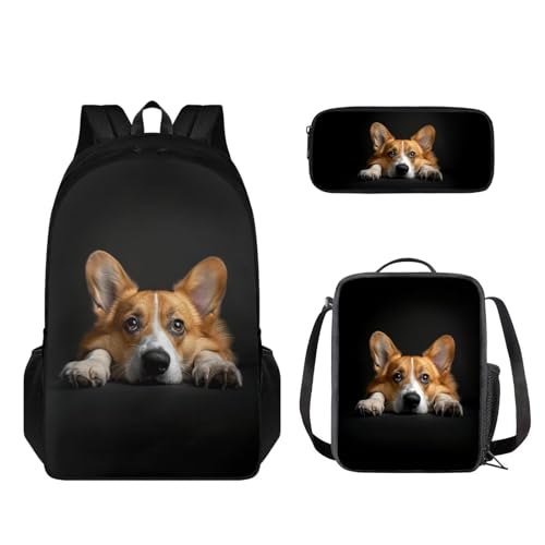 STUOARTE Kinder-Rucksack für Jungen und Mädchen, Büchertasche, 3-teiliges Schultaschen-Set mit Lunchtasche, Stiftebox, Corgi - Schwarz und Braun, Einheitsgröße, Kinderrucksack von STUOARTE