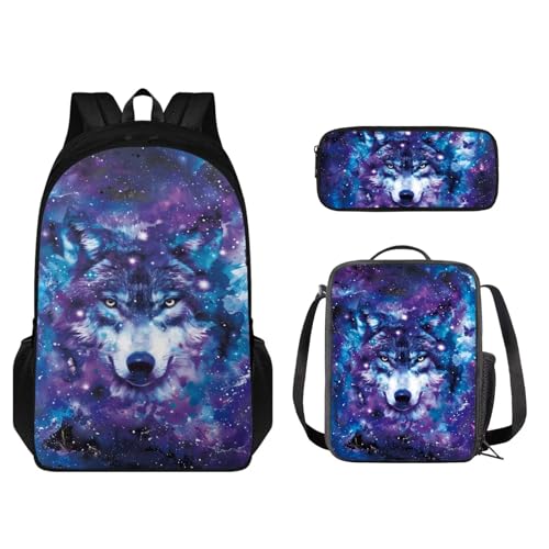 STUOARTE Kinder-Rucksack für Jungen und Mädchen, Büchertasche, 3-teiliges Schultaschen-Set mit Lunchtasche, Stiftebox, Galaxy Wolf - Lila und Blau, Einheitsgröße, Schulranzen-Set von STUOARTE