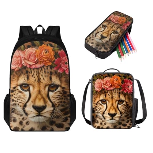 STUOARTE Kinder-Rucksack für Jungen und Mädchen, Büchertasche, 3-teiliges Schultaschen-Set mit Lunchtasche, Stiftebox, Leopardenblume, Braun, Einheitsgröße, Schulranzen-Set von STUOARTE