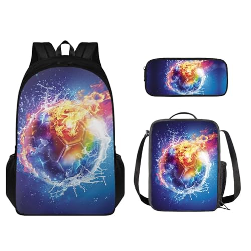 STUOARTE Kinder-Rucksack für Jungen und Mädchen, Büchertasche, 3-teiliges Schultaschen-Set mit Lunchtasche, Stiftebox, Wasserfeuer-Fußball, Blau und Orange, Einheitsgröße, Schulranzen-Set von STUOARTE