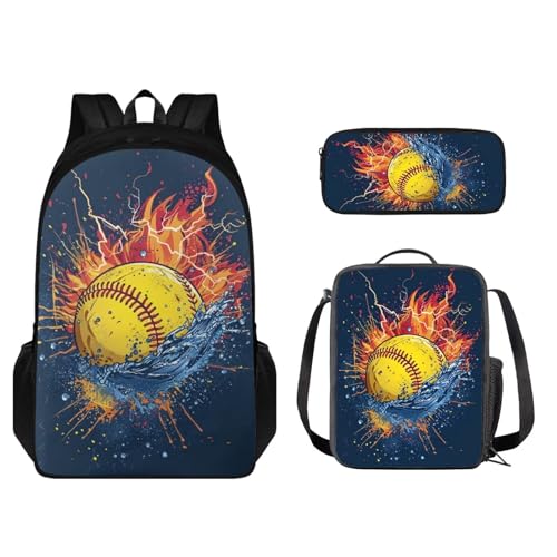 STUOARTE Kinder-Rucksack für Jungen und Mädchen, Büchertasche, 3-teiliges Schultaschen-Set mit Lunchtasche, Stiftebox, Water Fire Softball, Blau und Orange, Einheitsgröße, Schulranzen-Set von STUOARTE