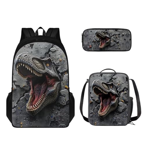 STUOARTE Kinder-Rucksack und Lunchbox-Set, leichte Schüler-Büchertasche, Stiftebox, Jungen Mädchen, Schulrucksack, 3-teilig, 3D-Dinosaurier, Grau, Einheitsgröße, Kinderrucksack von STUOARTE