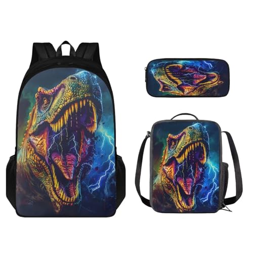 STUOARTE Kinder-Rucksack und Lunchbox-Set, leichte Schüler-Büchertasche, Stiftebox, Jungen Mädchen, Schulrucksack, 3-teilig, 3D-Dinosaurier, Grün, Einheitsgröße, Schulranzen-Set von STUOARTE