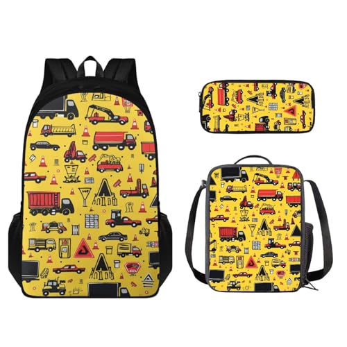 STUOARTE Kinder-Rucksack und Lunchbox-Set, leichte Schüler-Büchertasche, Stiftebox, Jungen Mädchen, Schulrucksack, 3-teilig, Fahrzeug – Gelb und Rot, Einheitsgröße, Schulranzen-Set von STUOARTE