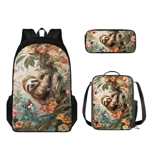 STUOARTE Kinder-Rucksack und Lunchbox-Set, leichte Schüler-Büchertasche, Stiftebox, Jungen Mädchen, Schulrucksack, 3-teilig, Faultier Blume Schmetterling – Mehrfarbig, Einheitsgröße, Kinderrucksack von STUOARTE