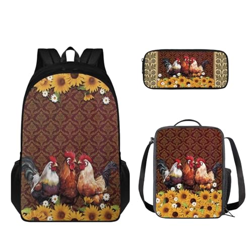 STUOARTE Kinder-Rucksack und Lunchbox-Set, leichte Schüler-Büchertasche, Stiftebox, Jungen Mädchen, Schulrucksack, 3-teilig, Hahn, Sonnenblume, Gänseblümchen, Rot, Einheitsgröße, Kinderrucksack von STUOARTE