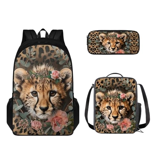 STUOARTE Kinder-Rucksack und Lunchbox-Set, leichte Schüler-Büchertasche, Stiftebox, Jungen Mädchen, Schulrucksack, 3-teilig, Leopardenblume, Braun, Einheitsgröße, Schulranzen-Set von STUOARTE