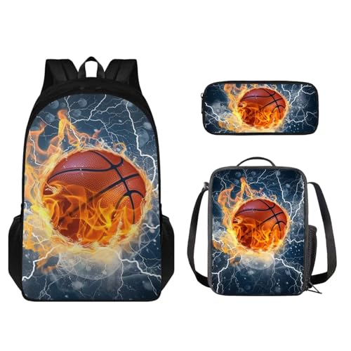 STUOARTE Kinder-Rucksack und Lunchbox-Set, leichte Schüler-Büchertasche, Stiftebox, Jungen Mädchen, Schulrucksack, 3-teilig, Lightning Fire Basketball – Blau und Orange, Einheitsgröße, Schulranzen-Set von STUOARTE