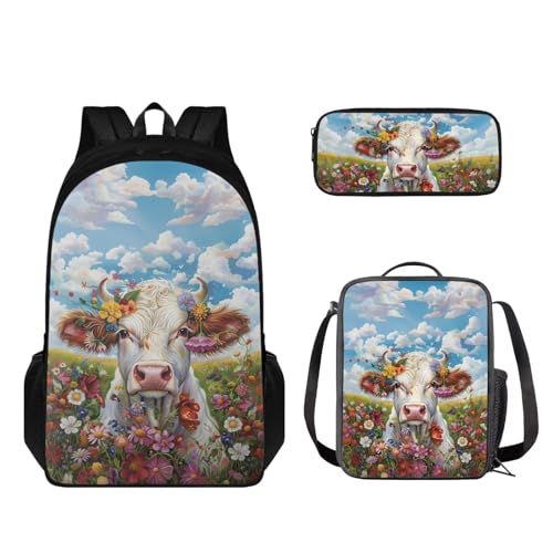 STUOARTE Kinder-Rucksack und Lunchbox-Set, leichte Schüler-Büchertasche, Stiftebox, Jungen Mädchen, Schulrucksack, 3-teilig, Rinderblume, mehrfarbig, Einheitsgröße, Kinderrucksack von STUOARTE