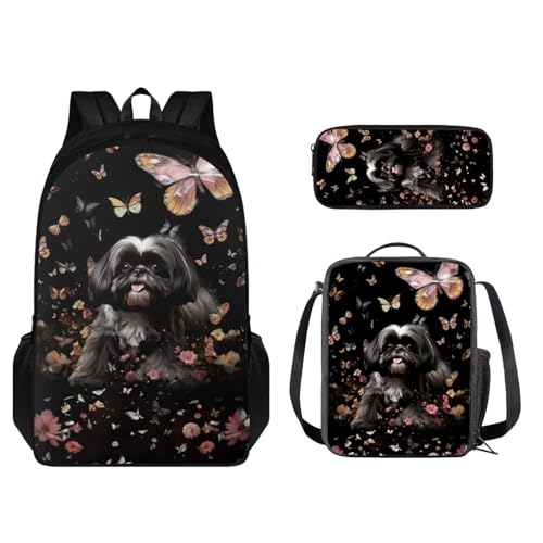 STUOARTE Kinder-Rucksack und Lunchbox-Set, leichte Schüler-Büchertasche, Stiftebox, Jungen Mädchen, Schulrucksack, 3-teilig, Shih Tzu Schmetterling, Schwarz, Einheitsgröße, Kinderrucksack von STUOARTE