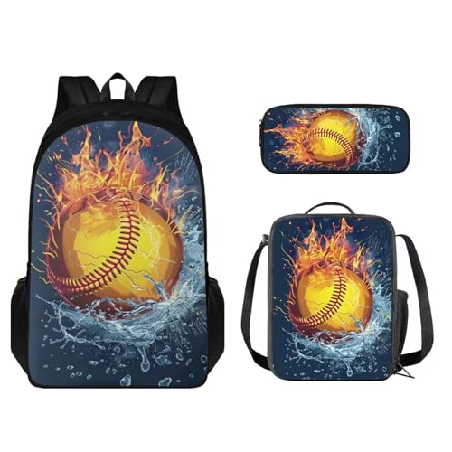 STUOARTE Kinder-Rucksack und Lunchbox-Set, leichte Schüler-Büchertasche, Stiftebox, Jungen Mädchen, Schulrucksack, 3-teilig, Water Fire Softball, Blau und Orange, Einheitsgröße, Kinderrucksack von STUOARTE