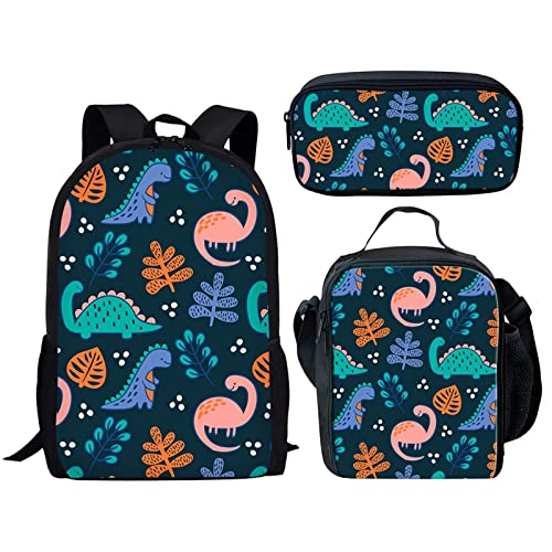 STUOARTE Leichte Schulrucksäcke Jungen Cartoon Dinosaurier Niedlicher Rucksack mit Mittagessen Tasche und Federmäppchen Kinder 3 in 1 Büchertaschen Schultasche Set, Blau von STUOARTE