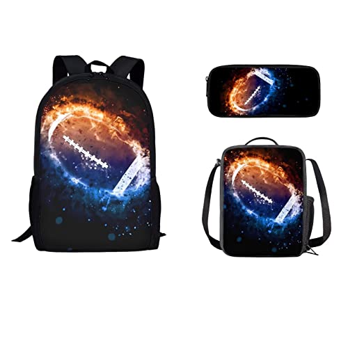 STUOARTE Leichter Rucksack mit Feuer-Rugby-Ball-Druck, 3-teilig, Schulbüchertasche für Teenager, Jungen, großer Schulrucksack mit Lunchtasche und Federmäppchen, 3-in-1 von STUOARTE