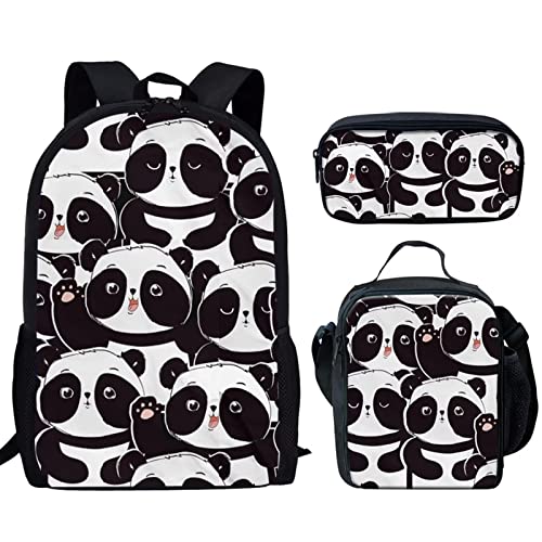 STUOARTE Niedlicher Cartoon-Panda-Rucksack, Grundschule, leicht, für Kinder, Jungen, Mädchen, Büchertasche, 3-in-1, lässiger Tagesrucksack, robuster Rucksack mit Lunchtasche und Federmäppchen von STUOARTE