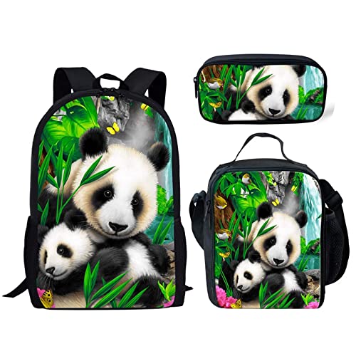 STUOARTE Niedlicher Panda-Druck Kinder Schule Büchertaschen Leichte Mädchen Jungen Durable Schulter Rucksäcke mit Mittagessen Tasche Student Büchertasche mit Federmäppchen 3-teiliges Set von STUOARTE