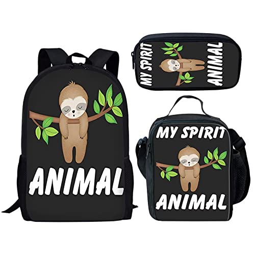 STUOARTE Niedliches Faultier-Druck-Kinderrucksack-Set, Cartoon-Faultier-Rucksack für Kinder, leicht, elementare Büchertasche für Studenten, Schulrucksack mit Lunchtasche und Federmäppchen, 3-in-1 von STUOARTE