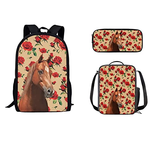 STUOARTE Rose Horse 3D-Kinderrucksack mit Lunchbox, leichter Rucksack für Mädchen und Jungen, elementare langlebige Büchertaschen Mittelschule Rucksäcke Set mit Federmäppchen von STUOARTE