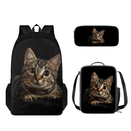 STUOARTE Rucksack für Jungen und Mädchen, lässige Schultaschen, Büchertaschen mit Lunchbox, Federmäppchen, Grundschultasche, Reise-Tagesrucksack, 3 Stück, 3D-Katze, Schwarz, Einheitsgröße, von STUOARTE