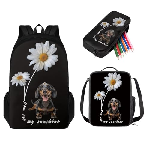 STUOARTE Rucksack für Jungen und Mädchen, lässige Schultaschen, Büchertaschen mit Lunchbox, Federmäppchen, Grundschultasche, Reise-Tagesrucksack, 3 Stück, Dackel-Gänseblümchen, Schwarz und Weiß, von STUOARTE