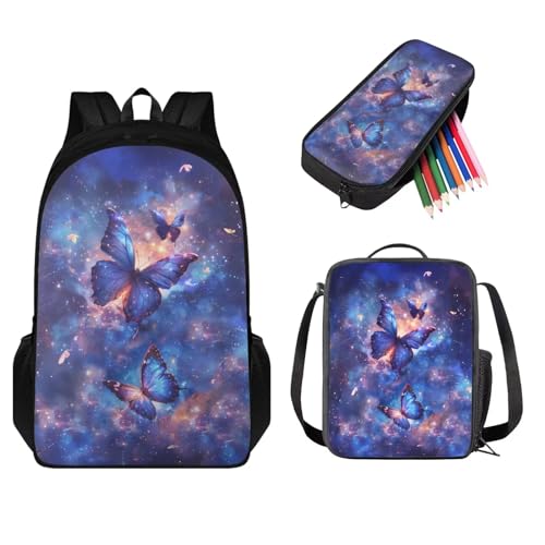 STUOARTE Rucksack für Jungen und Mädchen, lässige Schultaschen, Büchertaschen mit Lunchbox, Federmäppchen, Grundschultasche, Reise-Tagesrucksack, 3 Stück, Galaxy Butterfly - Lila, Einheitsgröße, von STUOARTE