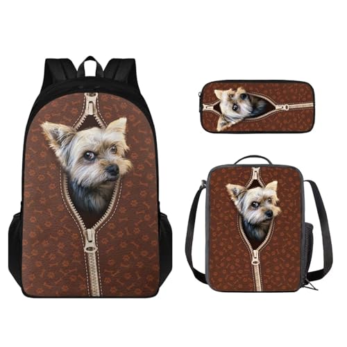 STUOARTE Rucksack für Jungen und Mädchen, lässige Schultaschen, Büchertaschen mit Lunchbox, Federmäppchen, Grundschultasche, Reise-Tagesrucksack, 3 Stück, Yorkshire Terrier, Braun, Einheitsgröße, von STUOARTE