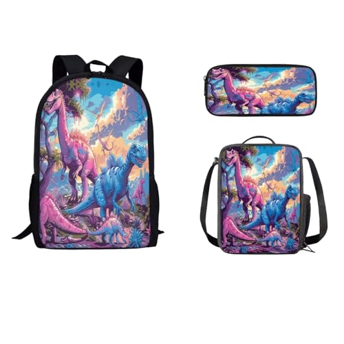 STUOARTE Rucksack für Kinder, Jungen, Mädchen, 3-teiliges Schultaschen-Set mit Lunchbox, Federmäppchen, Grundschulbüchertaschen, Dinosaurier, Rosa und Blau, Einheitsgröße, Rucksack, Rucksäcke von STUOARTE