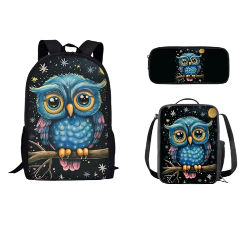 STUOARTE Rucksack für Kinder, Jungen, Mädchen, 3-teiliges Schultaschen-Set mit Lunchbox, Federmäppchen, Grundschulbüchertaschen, Eule, Blau und Schwarz, Einheitsgröße, Rucksack, Rucksäcke von STUOARTE