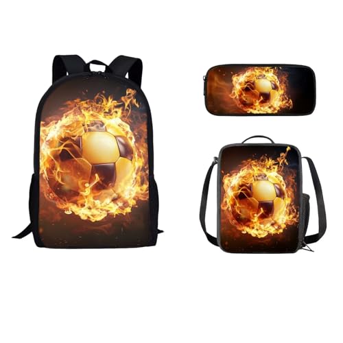 STUOARTE Rucksack für Kinder, Jungen, Mädchen, 3-teiliges Schultaschen-Set mit Lunchbox, Federmäppchen, Grundschulbüchertaschen, Fire Soccer – Orange, Einheitsgröße, Tagesrucksäcke von STUOARTE