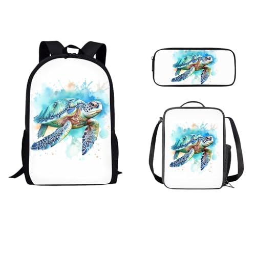 STUOARTE Rucksack für Kinder, Jungen, Mädchen, 3-teiliges Schultaschen-Set mit Lunchbox, Federmäppchen, Grundschulbüchertaschen, Meeresschildkröte, Weiß und Blau, Einheitsgröße, Reiserucksäcke von STUOARTE