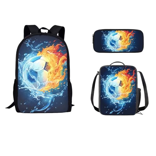 STUOARTE Rucksack für Kinder, Jungen, Mädchen, 3-teiliges Schultaschen-Set mit Lunchbox, Federmäppchen, Grundschulbüchertaschen, Wasserfeuer-Fußball, Blau und Orange, Einheitsgröße, Reiserucksäcke von STUOARTE