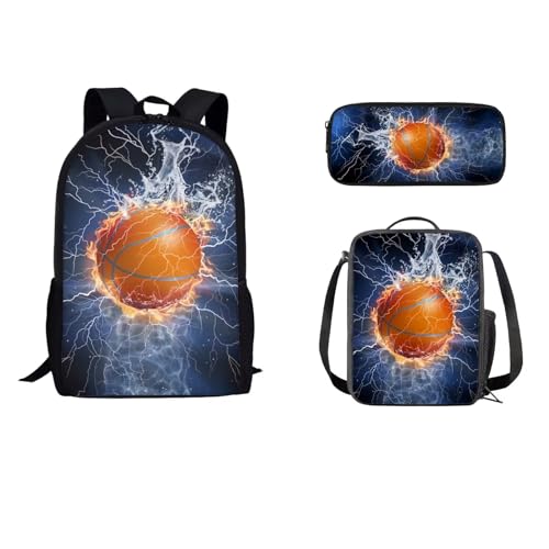 STUOARTE Rucksack für Kinder, Jungen, Mädchen, 3-teiliges Schultaschen-Set mit Lunchbox, Federmäppchen, Grundschule und Büchertaschen, Wasserfeuer-Basketball, Blau und Orange, Einheitsgröße, Rucksack von STUOARTE