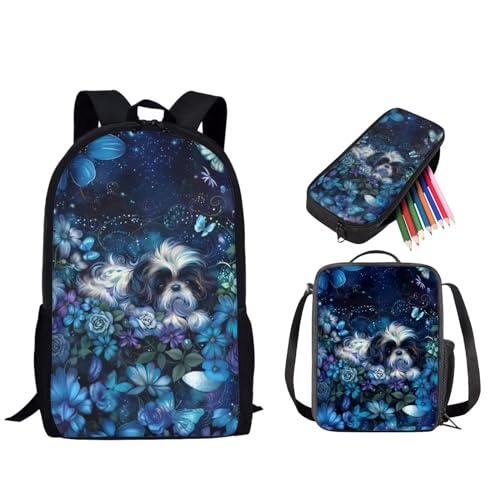 STUOARTE Rucksack für Kinder, Jungen, Mädchen, Schüler, Büchertaschen-Set mit Lunchbox, Federmäppchen, Vorschule, Grundschule, Shih Tzu Blume, Blau, Einheitsgröße, Rucksack Backpacks von STUOARTE