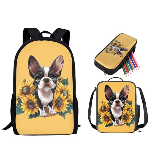 STUOARTE Rucksack für Kinder, Jungen, Mädchen, Studenten, Büchertaschen-Set mit Lunchbox, Federmäppchen, Vorschule, Grundschultasche, Boston Terrier Sonnenblume, Gelb und Schwarz, Einheitsgröße, von STUOARTE