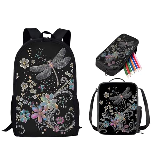 STUOARTE Rucksack für Kinder, Jungen, Mädchen, Studenten, Büchertaschen-Set mit Lunchbox, Federmäppchen, Vorschule, Grundschultasche, Libellen-Blume, Schwarz, Einheitsgröße, Reiserucksäcke von STUOARTE