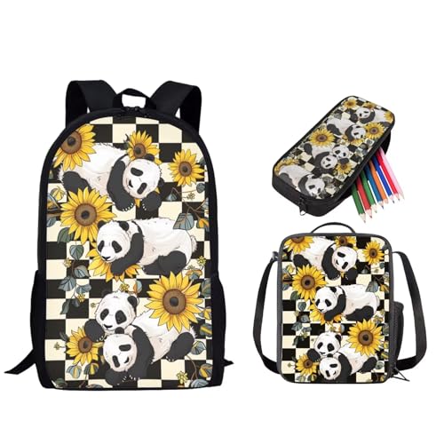 STUOARTE Rucksack für Kinder, Jungen, Mädchen, Studenten, Büchertaschen-Set mit Lunchbox, Federmäppchen, Vorschule, Grundschultasche, Panda Sonnenblume - Weiß und Schwarz, Einheitsgröße, Rucksack, von STUOARTE