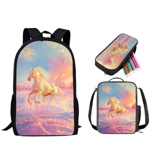 STUOARTE Rucksack für Kinder, Jungen, Mädchen, Studenten, Büchertaschen-Set mit Lunchbox, Federmäppchen, Vorschule, Grundschultasche, Pferd – Rosa und Blau, Einheitsgröße, Rucksack, Rucksäcke von STUOARTE