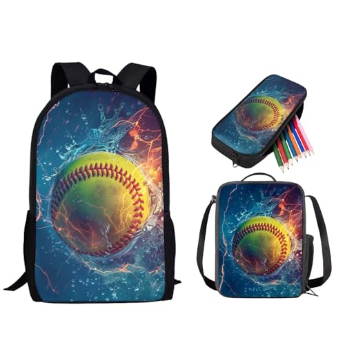 STUOARTE Rucksack für Kinder, Jungen, Mädchen, Studenten, Büchertaschen-Set mit Lunchbox, Federmäppchen, Vorschule, Grundschultasche, Water Fire Softball, Blau und Orange, Einheitsgröße, Rucksack, von STUOARTE